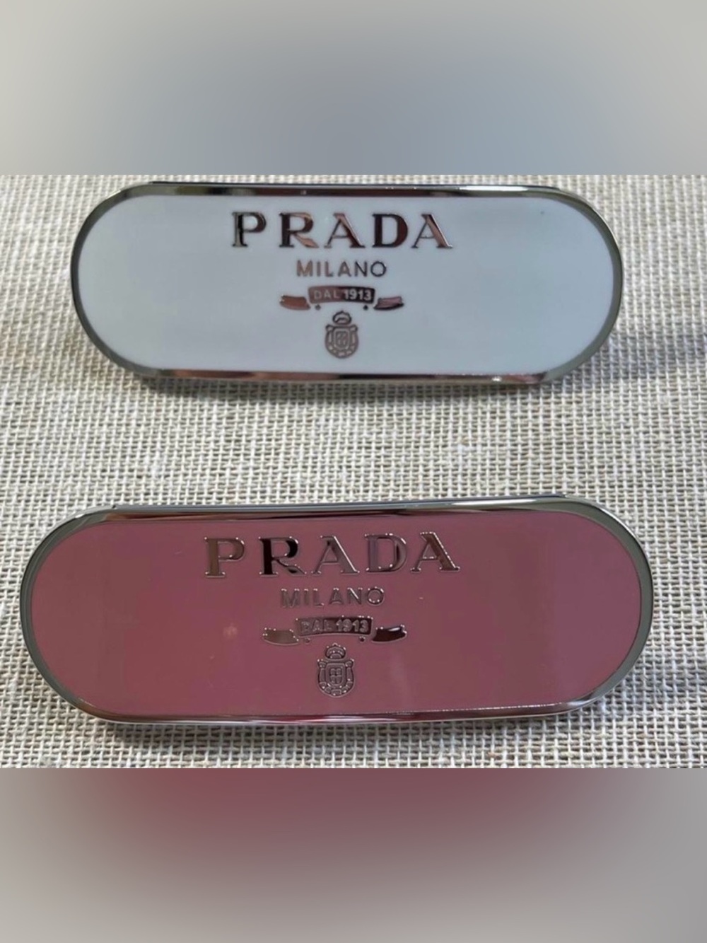 Prada Enamel Milano Logo Hair Clip Set , Pink  & White